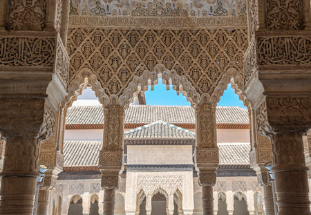 Beautiful Nasrid art architecture in the Courtyard of the Lions of the Alhambra in Granada, Spainのeditorial素材
