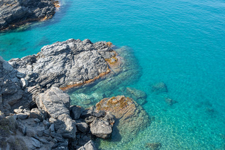 Rock formation entering the waters of the Mediterranean Sea in the town of AlmuÃ±ecar, Spainの写真素材