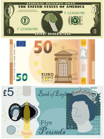 Three banknotes of different western economies of the worldの写真素材