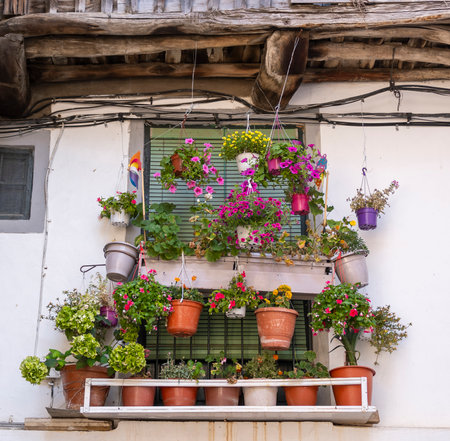 A traditional balcony full of pots with colorful flowers in the village of Candelario, Spainの写真素材