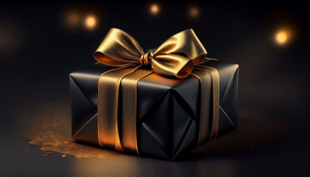 A gift box with black satin paper and gold bow for Black Friday shoppingの素材