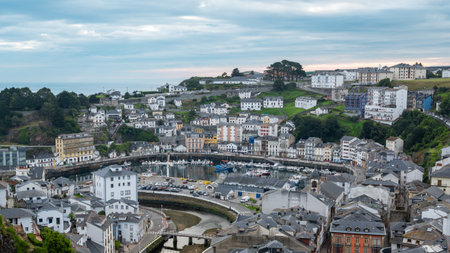 Elevated view of the coastal town of Luarca, Asturias, from the Chano viewpoint. Spainの写真素材