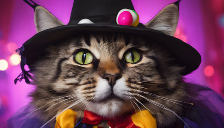 A fun and cheerful cat dressed as a clown for the Halloween party. Pets and animalsの素材