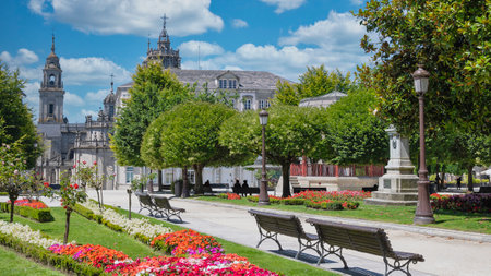 The beautiful gardens of the main square of Lugo during the summer, Spainの写真素材