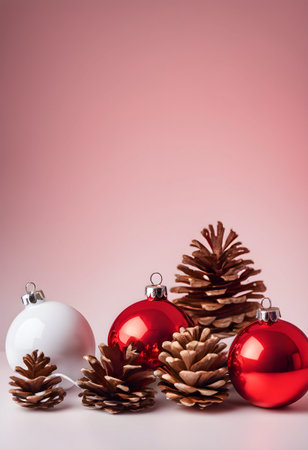 Christmas balls and pine cones with a red background for the Christmas holidays and the Christmas spiritの素材