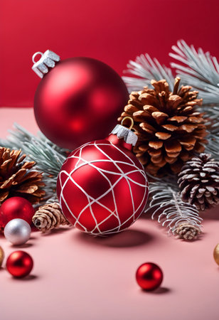 Christmas balls and pine cones with a red background for the Christmas holidays and the Christmas spiritの素材