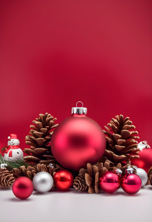 Christmas balls and pine cones with a red background for the Christmas holidays and the Christmas spiritの素材
