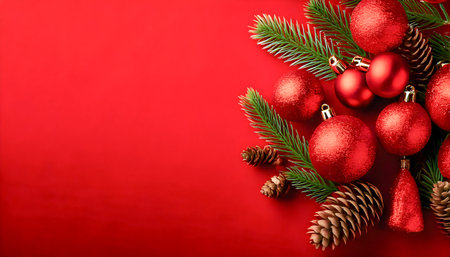 Christmas balls and pine cones with a red background for the Christmas holidays and the Christmas spiritの素材