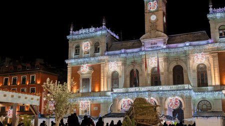 Town hall and main square of Valladolid, Spain, decorated with Christmas lights in Decemberの写真素材