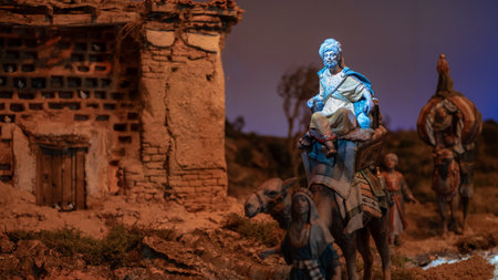 Nativity scene figure for Christmas. Wise man riding a camel. Bible, decoration, religionの写真素材