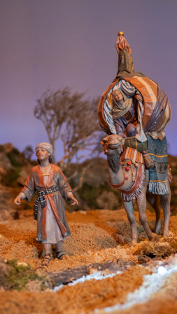 Figures for nativity scenes at Christmas. Camel with tent on it. Bible, decoration, religionの写真素材
