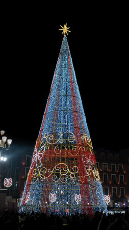 Large Christmas tree illuminated with thousands of bulbs for Christmas in the main square of Valladolid, Spainの写真素材