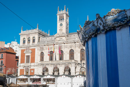 Valladolid Town Hall and Main Square with carousel and Christmas market during the month of December, Spainの写真素材