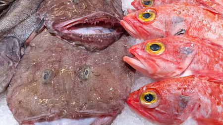 Close-up of fish heads, redfish and monkfish, on the counter of a fishmonger. Market and foodの写真素材