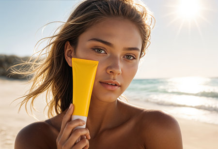 Close up portrait of a beautiful young woman applying sun protection cream on the beachの素材