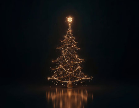 Christmas tree with golden lights on black background. 3D illustration.の素材