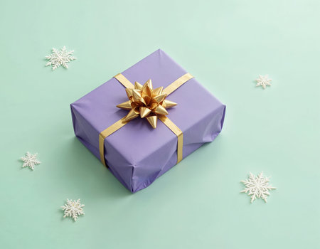 Gift box with golden bow and snowflakes on mint backgroundの素材
