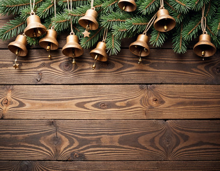 Christmas tree branches and golden bells on wooden background. Top view with copy spaceの素材