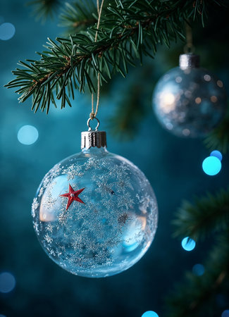 Christmas tree decoration on blue bokeh background. Christmas card.の素材