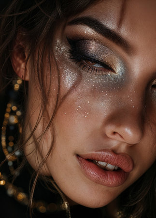 Close up portrait of a beautiful young woman with golden make-up. Sparkling Glamorous Makeupの素材