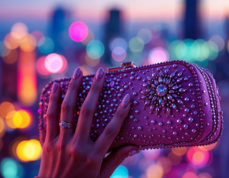 Female hand with luxury snakeskin python handbag. Bokeh background. Sparkling Pink Clutchの素材