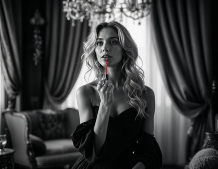 Beautiful girl with red lipstick in a luxury interior. Black and white photo. Elegant Woman Applying Red Lipstickの素材