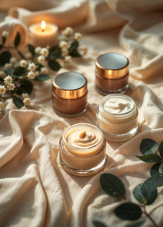 Cosmetic cream in glass jars and flowers on fabric, closeup. Luxury Skincare Setの素材