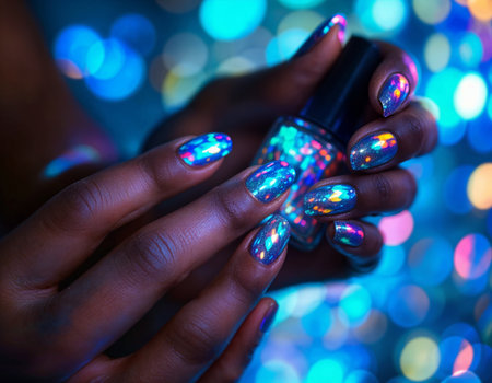 Female hands with bright neon nail design. Glowing nail polish manicure. Cosmic Nail Polishの素材