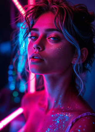 Portrait of a beautiful young woman with bright makeup in neon light. Neon Glow Portraitの素材