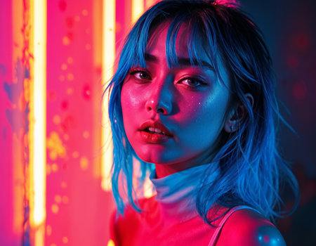 Portrait of a beautiful young woman with blue hair and pink makeup. Neon Dreamsの素材
