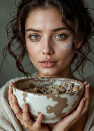 Portrait of a beautiful young woman in a white sweater holding a bowl with cereals. Earthen Beautyの素材