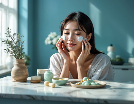 beautiful young asian woman applying cosmetic cream on face at home. Woman applying face creamの素材