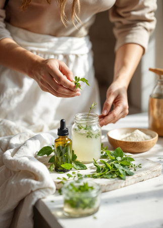Woman in bathrobe putting fresh mint leaves into glass jar with essential oil. Making Herbal Infusionの素材