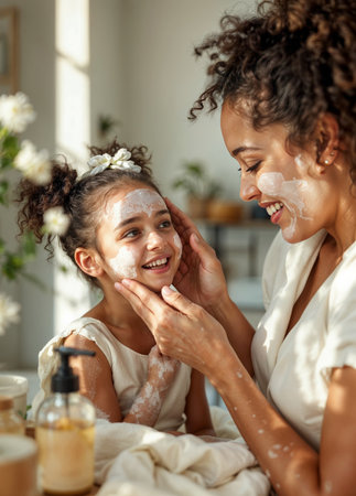 smiling mother applying face cream to daughter in bathrobe at home. Mommy and Me Spa Dayの素材