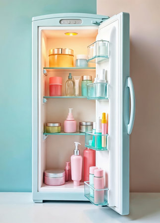 Refrigerator with different cosmetic products on shelf in bathroom. Interior design. Beauty Fridge Organizationの素材