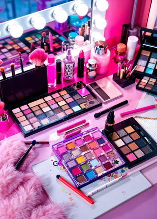 Makeup products and cosmetics on dressing table in dressing room, closeup. Glamorous Makeup Collectionの素材