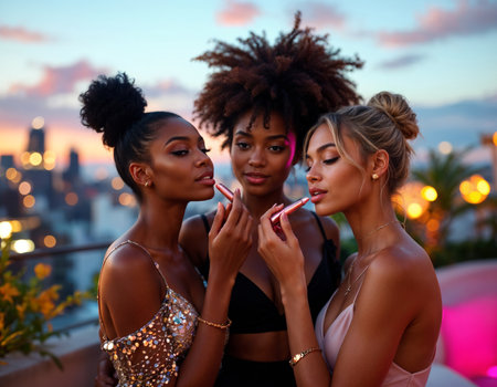 Three beautiful women with afro hairstyle and makeup brushes on the rooftop. Girls Night Out Glamの素材