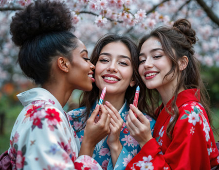 Three beautiful young women in kimono smiling and applying lip gloss in the park. Friends in Kimonos with Cherry Blossomsの素材