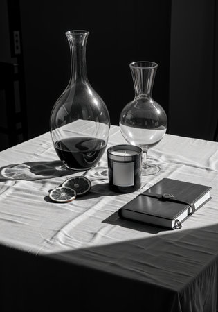Still life with a bottle of wine on a table. Black and white. Still Life with Wine and Candleの素材