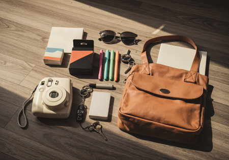 Set of travel items on the wooden floor. Travel and vacation conceptの素材