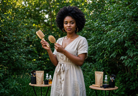 Beautiful african american woman applying hair care products in the garden. Natural Hair Care Routineの素材