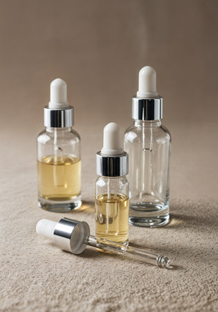 Essential oil in glass bottles with pipette on beige background. Essential Oil Bottlesの素材