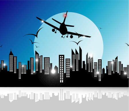 Airplane flyng on the cityのイラスト素材