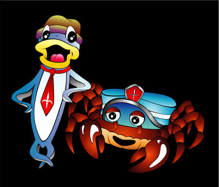 Fish and Crab with dress cartoon styleのイラスト素材