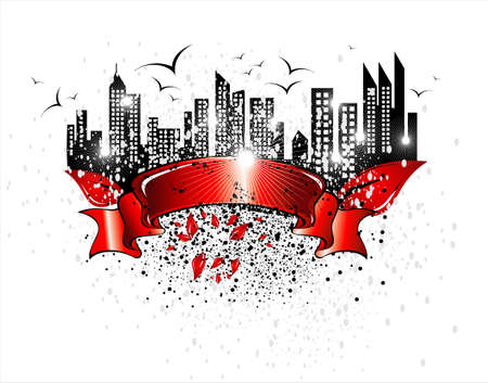 Stylish Banner scroll with industrial city sunsetのイラスト素材