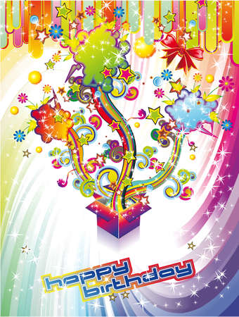 Happy Birthday Colorful Background with Abstract Flower and Fantasy Elementsのイラスト素材