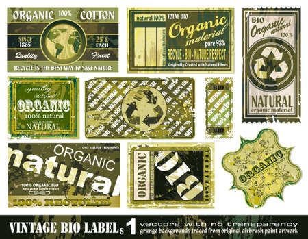 Vintage BIO labels collection with 9 grunge style sticker backgrounds - Set 1のイラスト素材