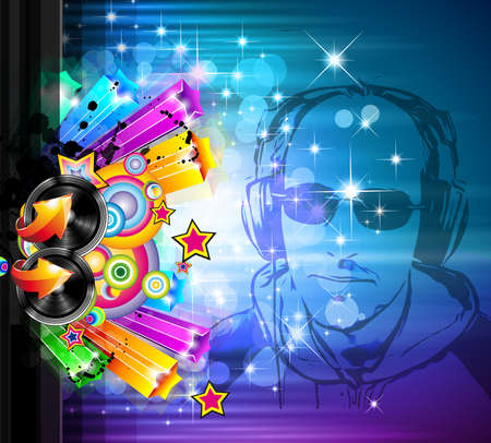 MAgic Lights Disco Flyer with DJ shape and a lot of starsのイラスト素材