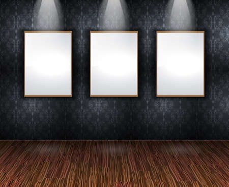 Contemporary Elegant Showroom wall with wood parquet and vintage seamless wallpaperのイラスト素材