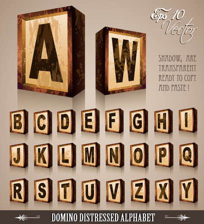 Vintage Domino Style Alphabet 3D with distressed antique look. Shadows are transparent so ready to be placed everywhereのイラスト素材